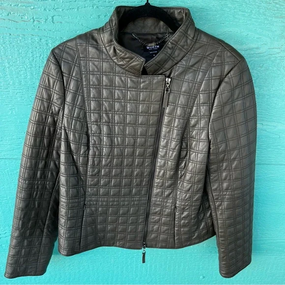 Worth Brown Quilted Leather Luxury Jacket High Neck Zip Front Size 14 - Picture 10 of 10
